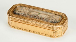 Fine and diminutive 18K gold presentation box, made in Paris circa 1778, believed to have been given by France’s King Louis XVI to Marquis de Lafayette. Price realized: $18,400. Cottone Auctions image